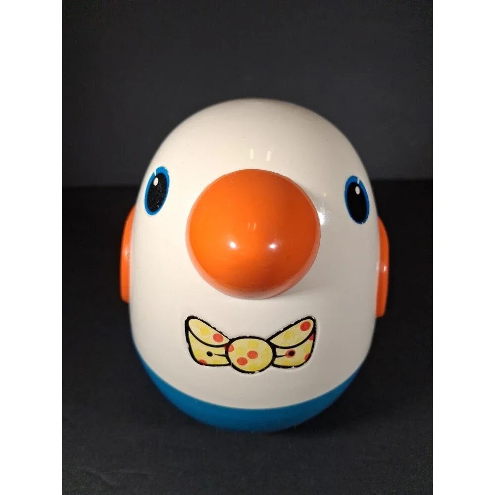 Vintage Playskool Roly Poly Chime Bird Toy Blue White Orange Bowtie Wobble
